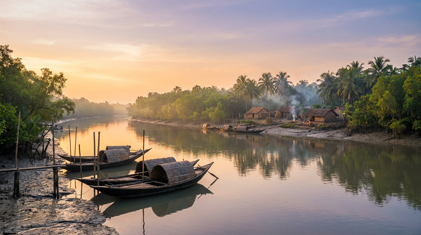 Bali Island Sundarban scenic river view with fishing boats, lush mangrove greenery, and a peaceful village along the waterfront