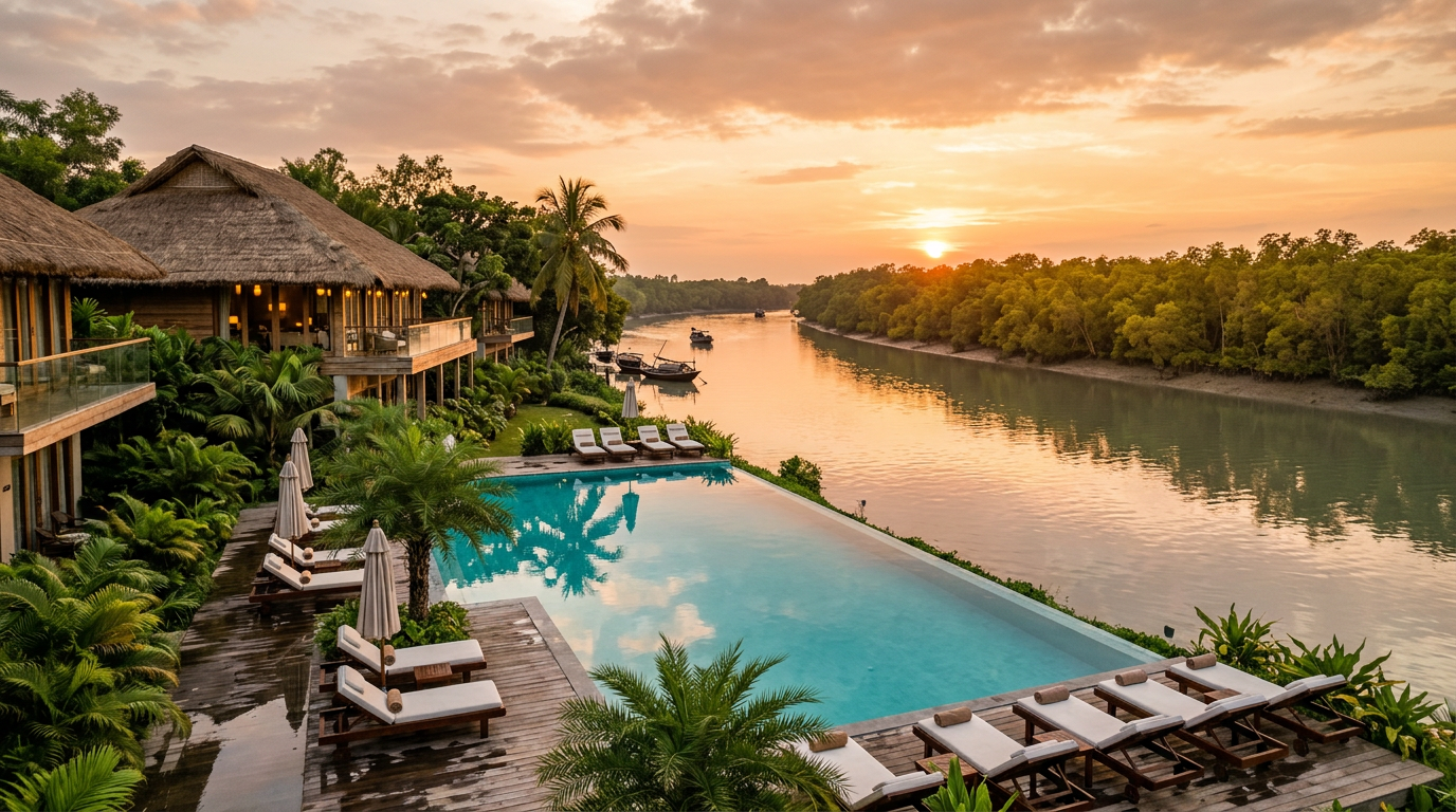 Luxury Sundarban resort with infinity swimming pool overlooking a mangrove river at sunset — one of the best resorts in Sundarban