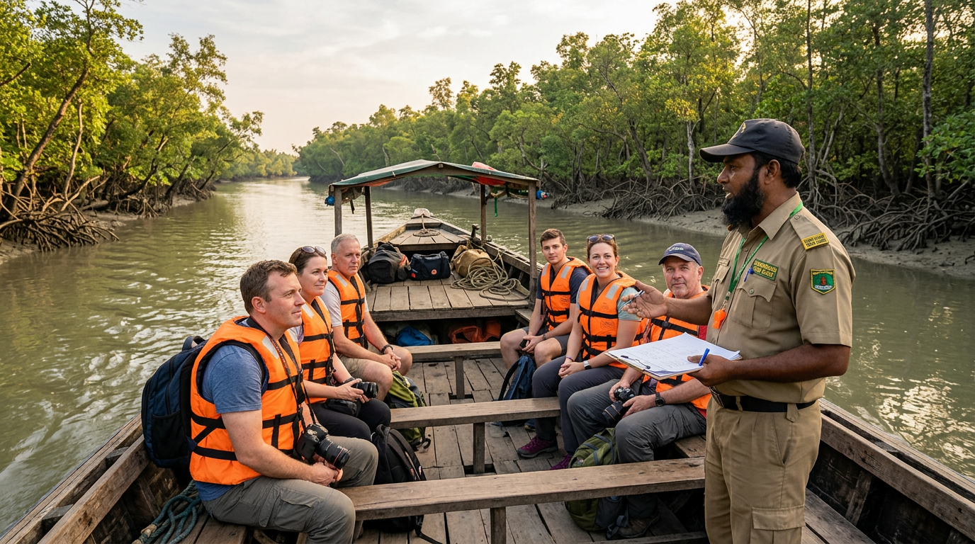 Best Sundarban tour operator briefing tourists on a boat with safety gear