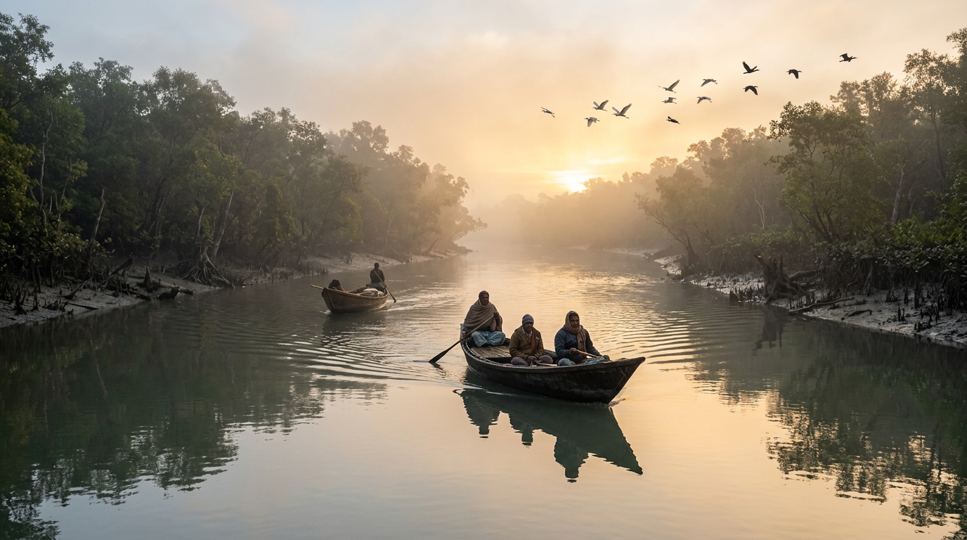 Best time to visit Sundarban — winter morning with mist over the river and traditional boats
