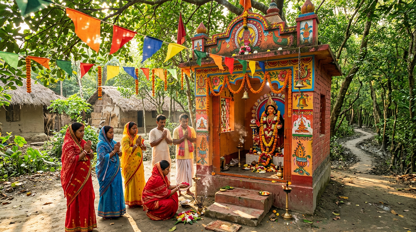 Colourful Bonbibi Temple shrine in a Sundarban forest village with local devotees offering prayers and prayer flags