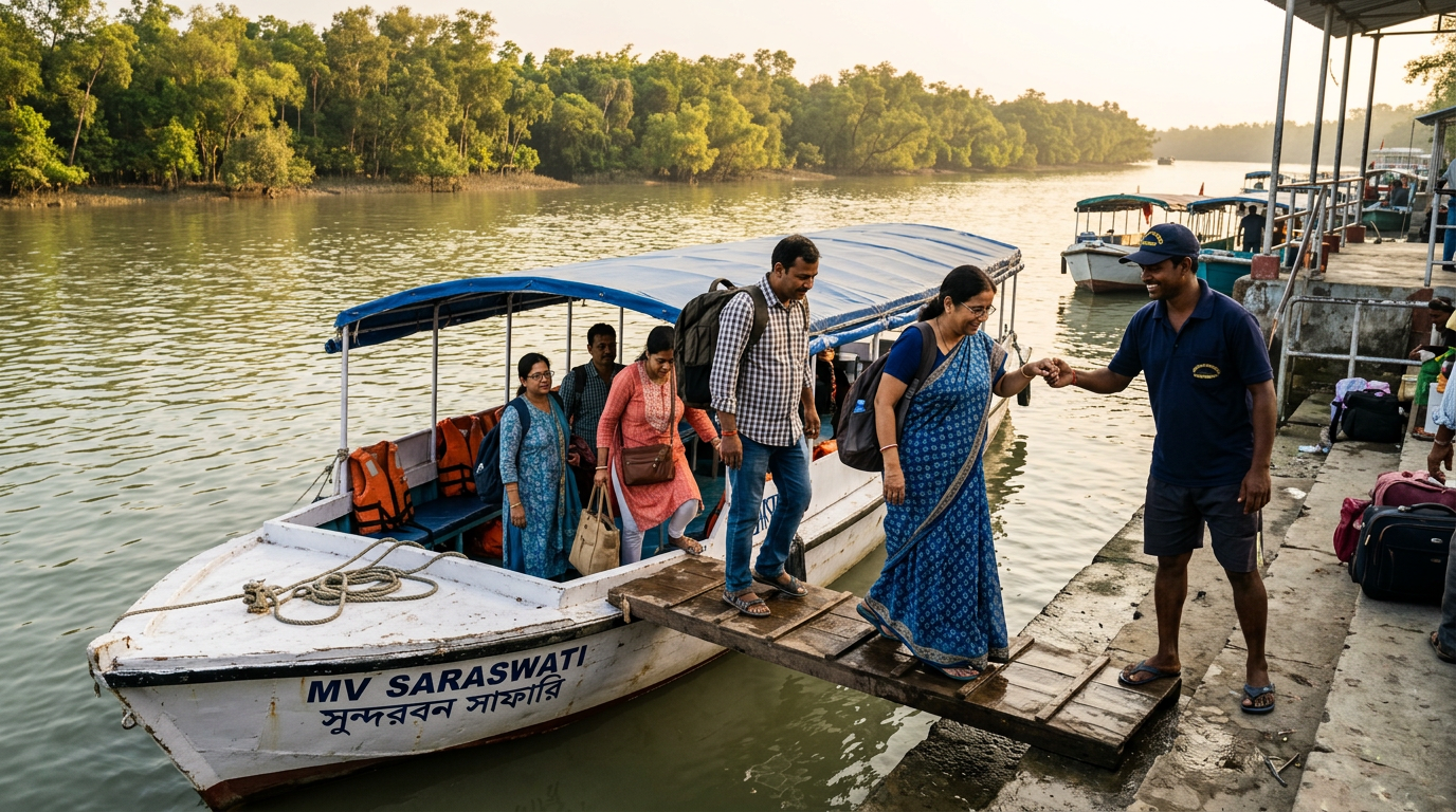 Canning to Godkhali Route — Tourists Boarding Motorboat at Godkhali Tourists boarding a motorboat at Godkhali jetty with luggage starting Sundarban journey