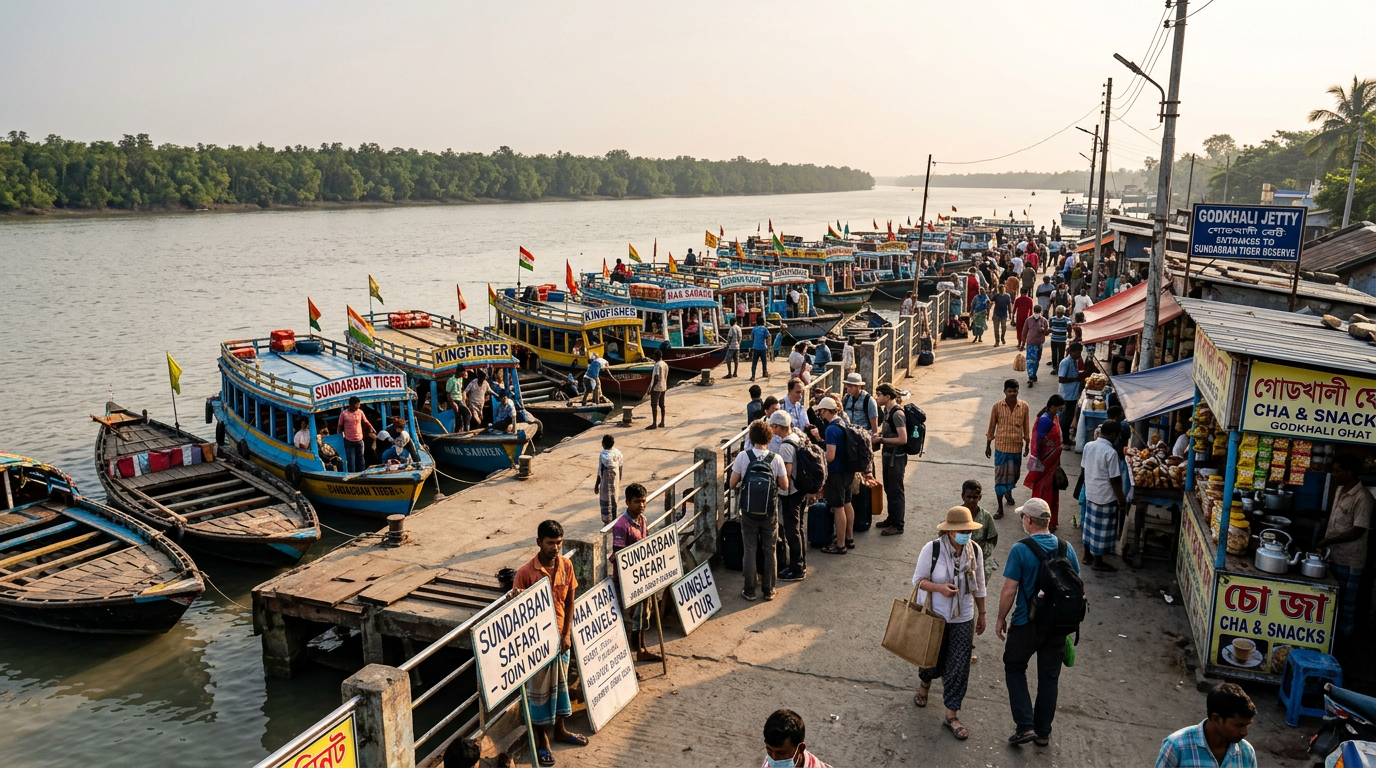 Canning to Godkhali Route — Godkhali Jetty with Boats and Travelers Godkhali jetty busy with boats travelers and vendors — Sundarban main entry point
