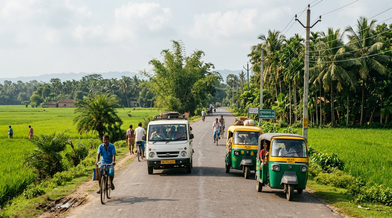 Narrow rural road from Canning to Godkhali with auto-rickshaws and vans heading to Sundarban