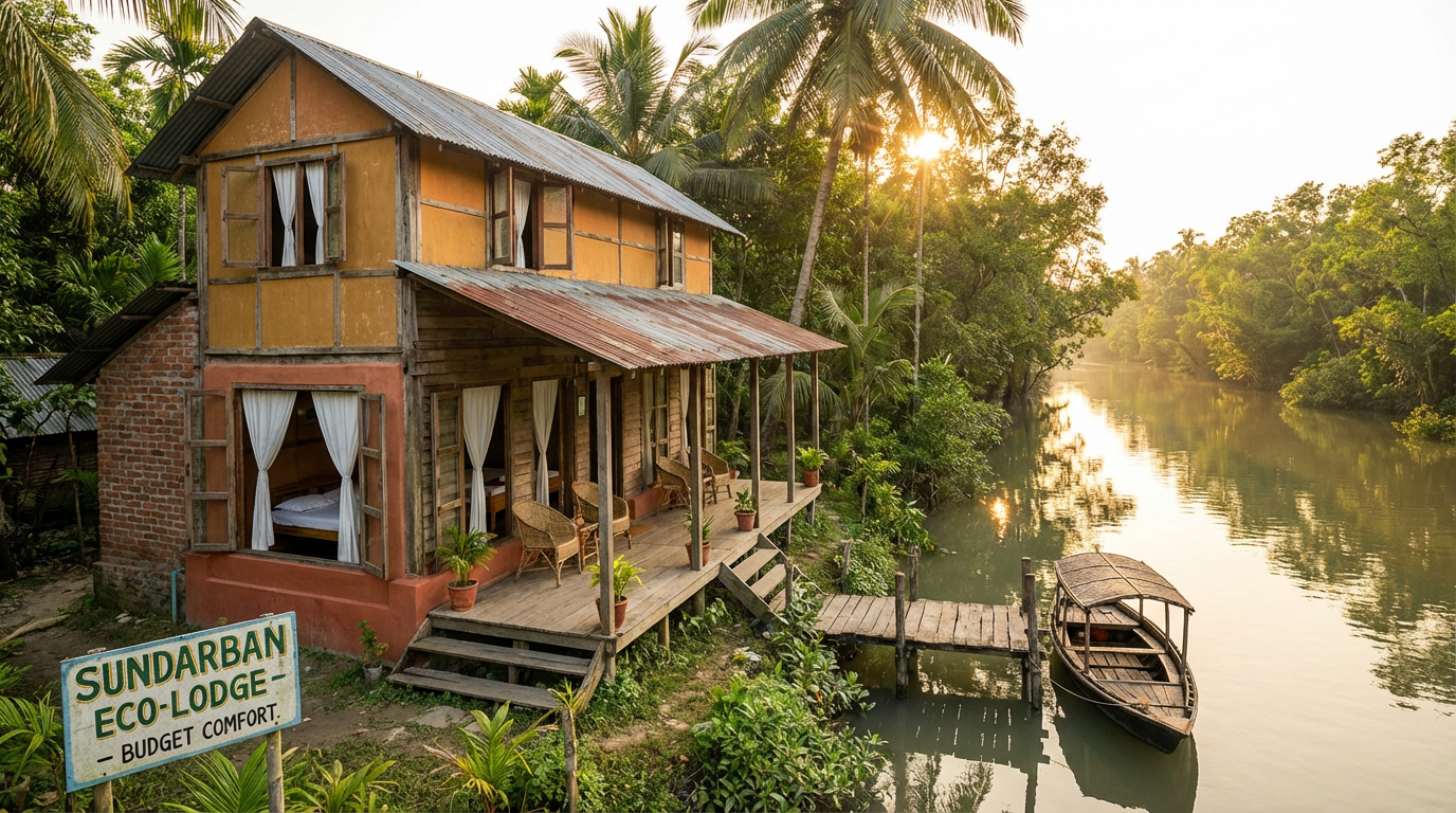 Affordable Sundarban eco-lodge with simple clean rooms and a river view surrounded by mangrove forest — cheap Sundarban tour package accommodation