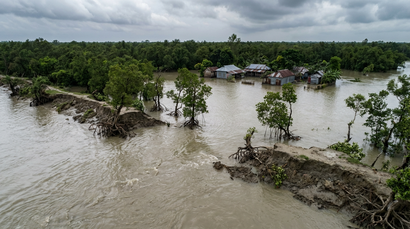 Climate change impact on Sundarban showing eroded riverbank with submerged mangrove trees and flooded village