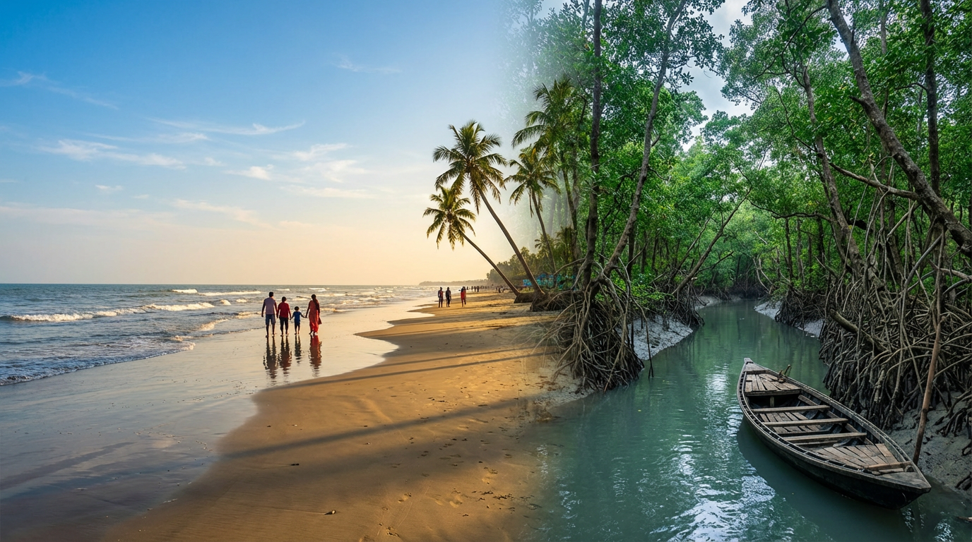Split scene showing Digha beach with golden sand and ocean waves on one side and Sundarban mangrove jungle with a country boat on the other — the perfect Digha Sundarban tour package combo