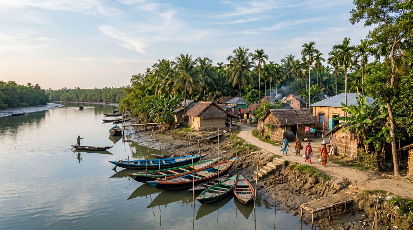 Gosaba Island Sundarban village with country boats, thatched huts, and coconut trees along a tidal river