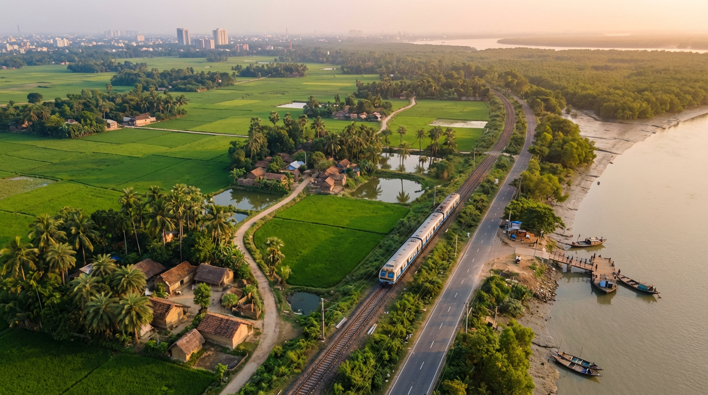 How to reach Sundarban from Kolkata — scenic route through Bengal countryside showing train, road, and river