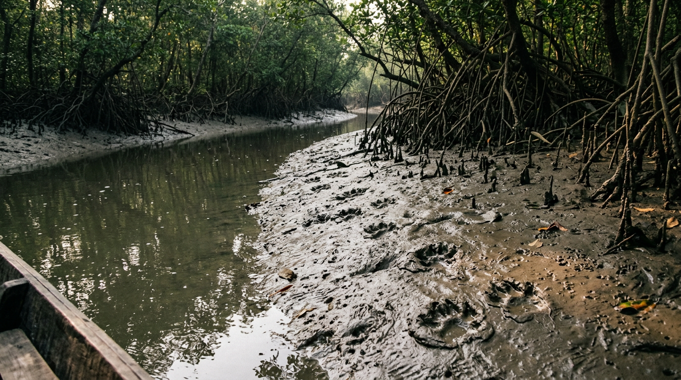 Tiger paw prints on muddy Sundarban creek bank with mangroves