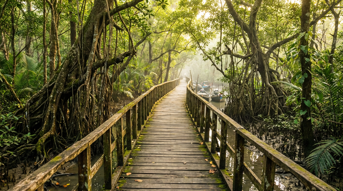 Jharkhali Sundarban mangrove boardwalk winding through dense forest with aerial roots and tidal water