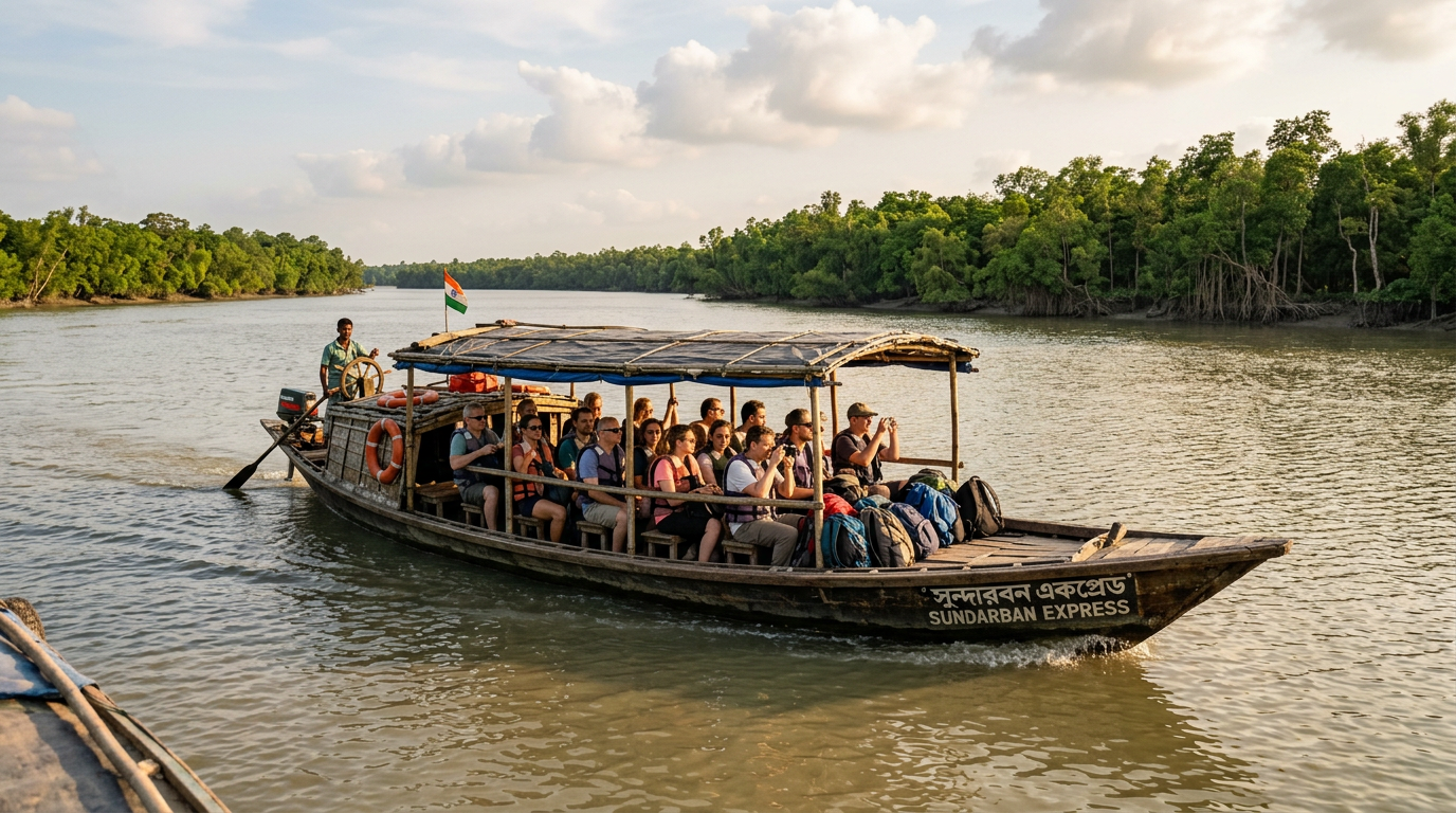 Kolkata to Sundarban Distance — Boat Journey from Godkhali Boat journey from Godkhali to Sundarban on wide river, final leg of the Kolkata to Sundarban distance