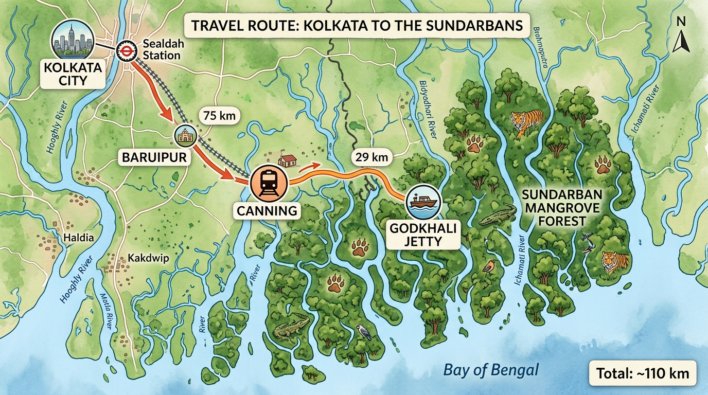 Kolkata to Sundarban distance map showing travel route via Canning and Godkhali with distance markers