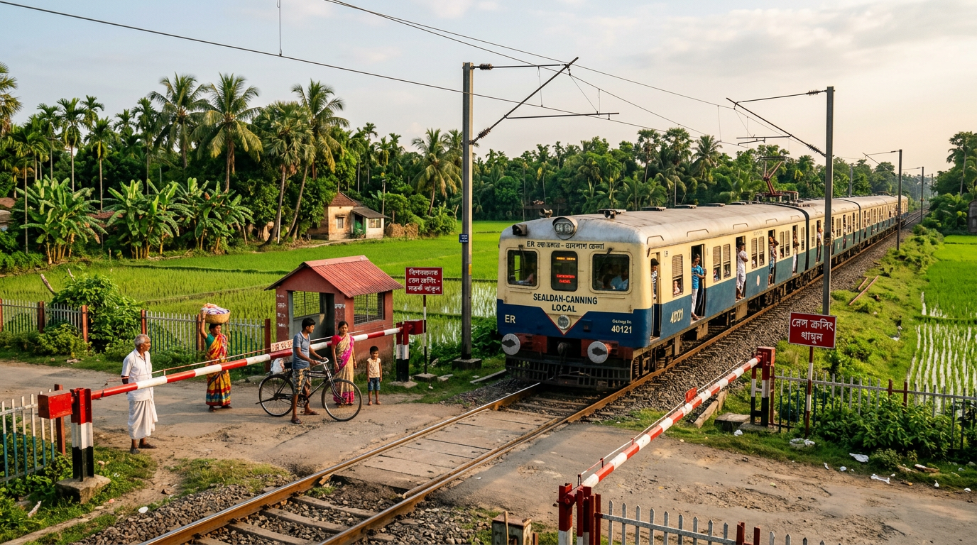 Kolkata to Sundarban Distance — Local Train on Sealdah-Canning Route Local EMU train at Bengal railway crossing on the Kolkata to Canning route