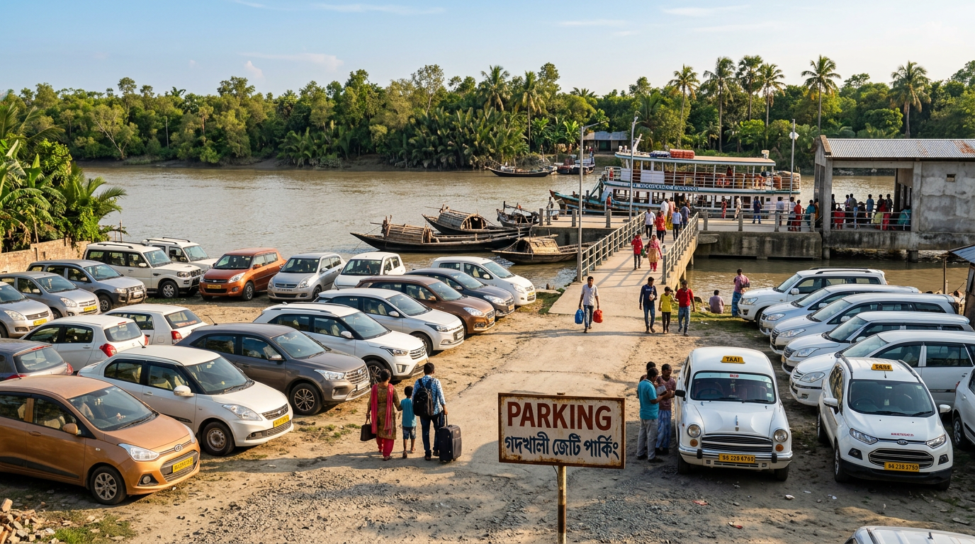 Kolkata to Sundarban by Car — Godkhali Jetty Parking Cars parked at Godkhali jetty parking area with boats visible — Sundarban entry point