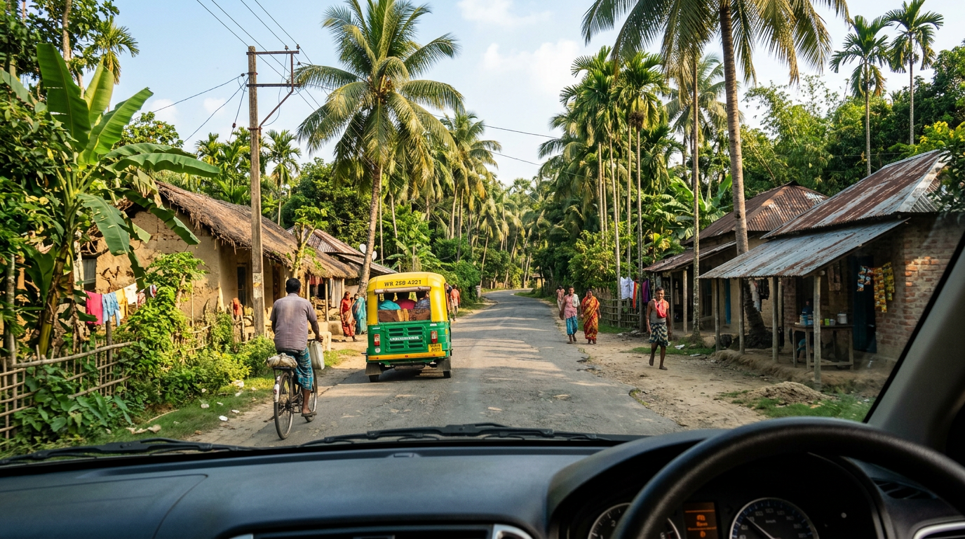 Kolkata to Sundarban by Car — Rural Village Road Near Sundarban Rural Bengal village road with coconut palms — driving toward Sundarban
