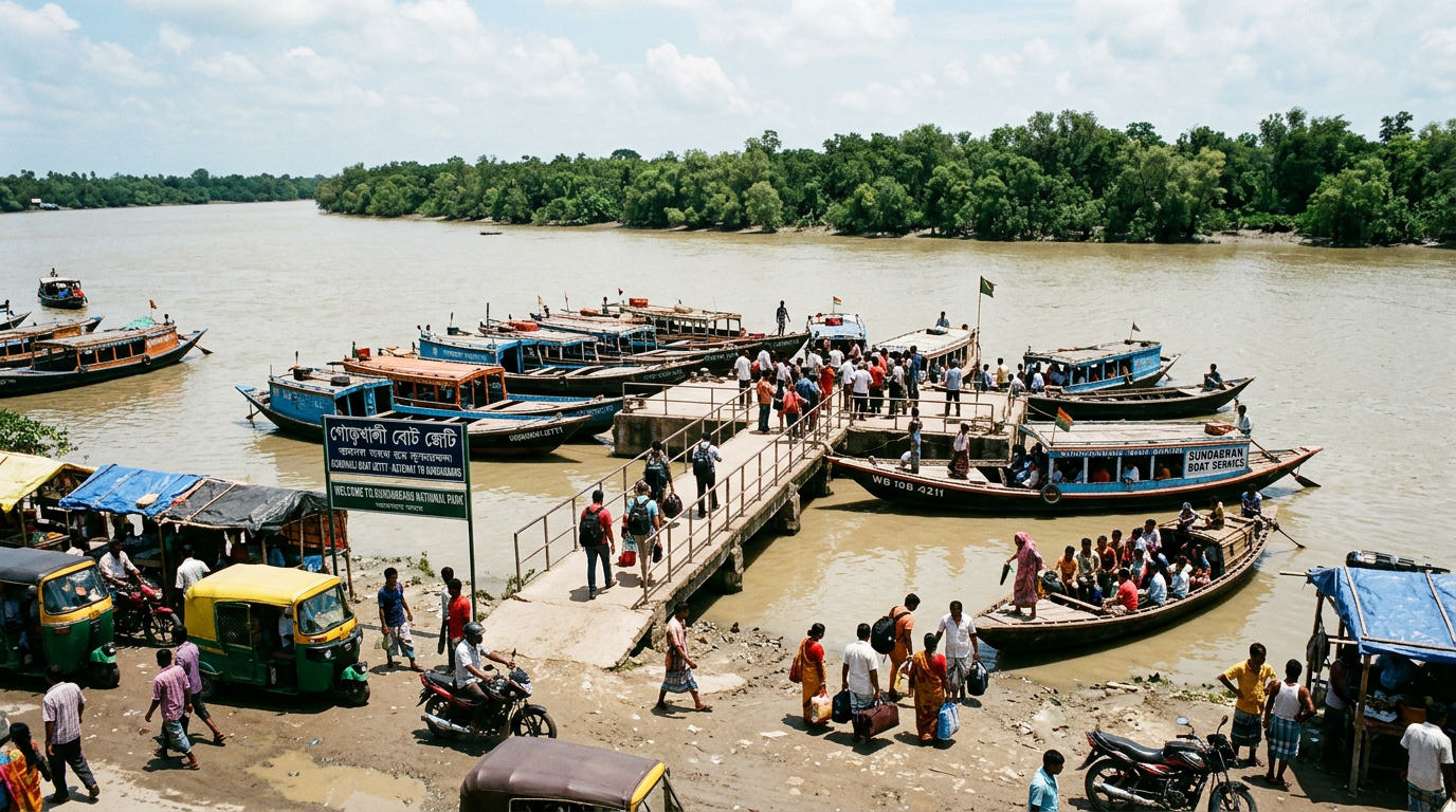 Kolkata to Sundarban by Train — Godkhali Jetty Godkhali boat jetty — gateway to Sundarban with boats and travellers at the riverbank