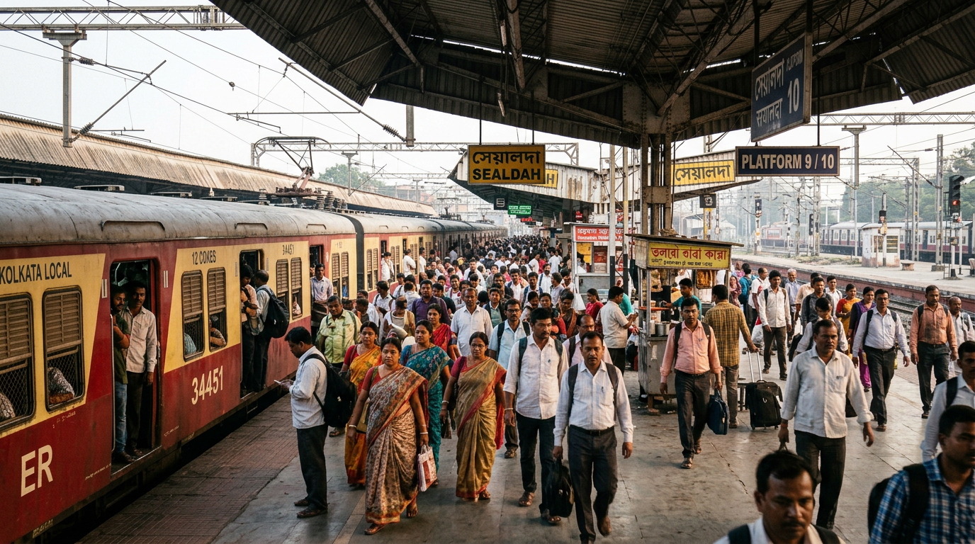 Kolkata to Sundarban by train — busy Sealdah railway station platform with local EMU trains and commuters