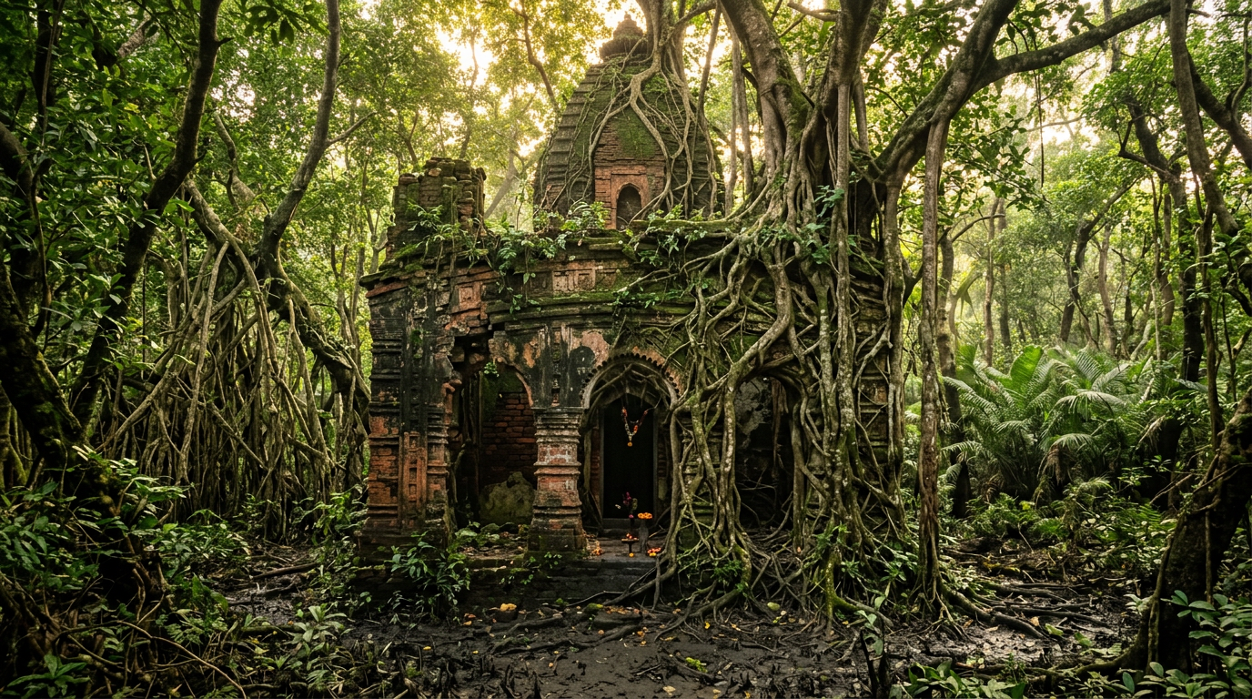 Netidhopani Watch Tower area showing a 400-year-old ruined temple engulfed by jungle vines in the Sundarbans