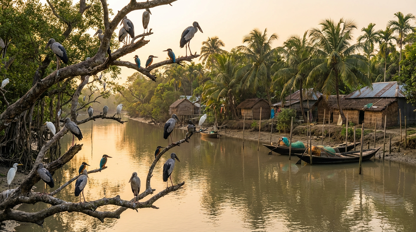 Birds perched on mangrove trees near a Sundarban river at Pakhiralay village with country boats and thatched huts