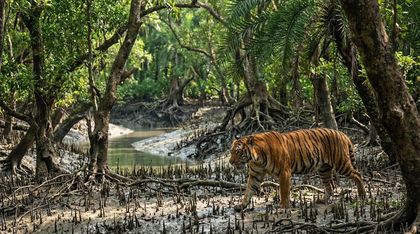 Royal Bengal Tiger walking through Sundarban mangrove forest with tidal water and aerial roots in the background