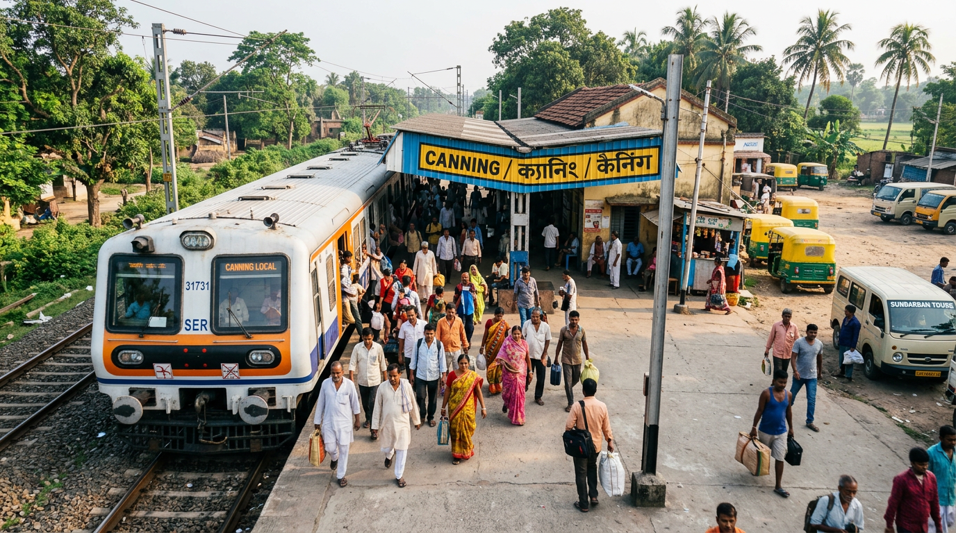 Sealdah to Canning Train — Canning Station Arrival Canning station arrival with passengers alighting from local train and auto rickshaws waiting
