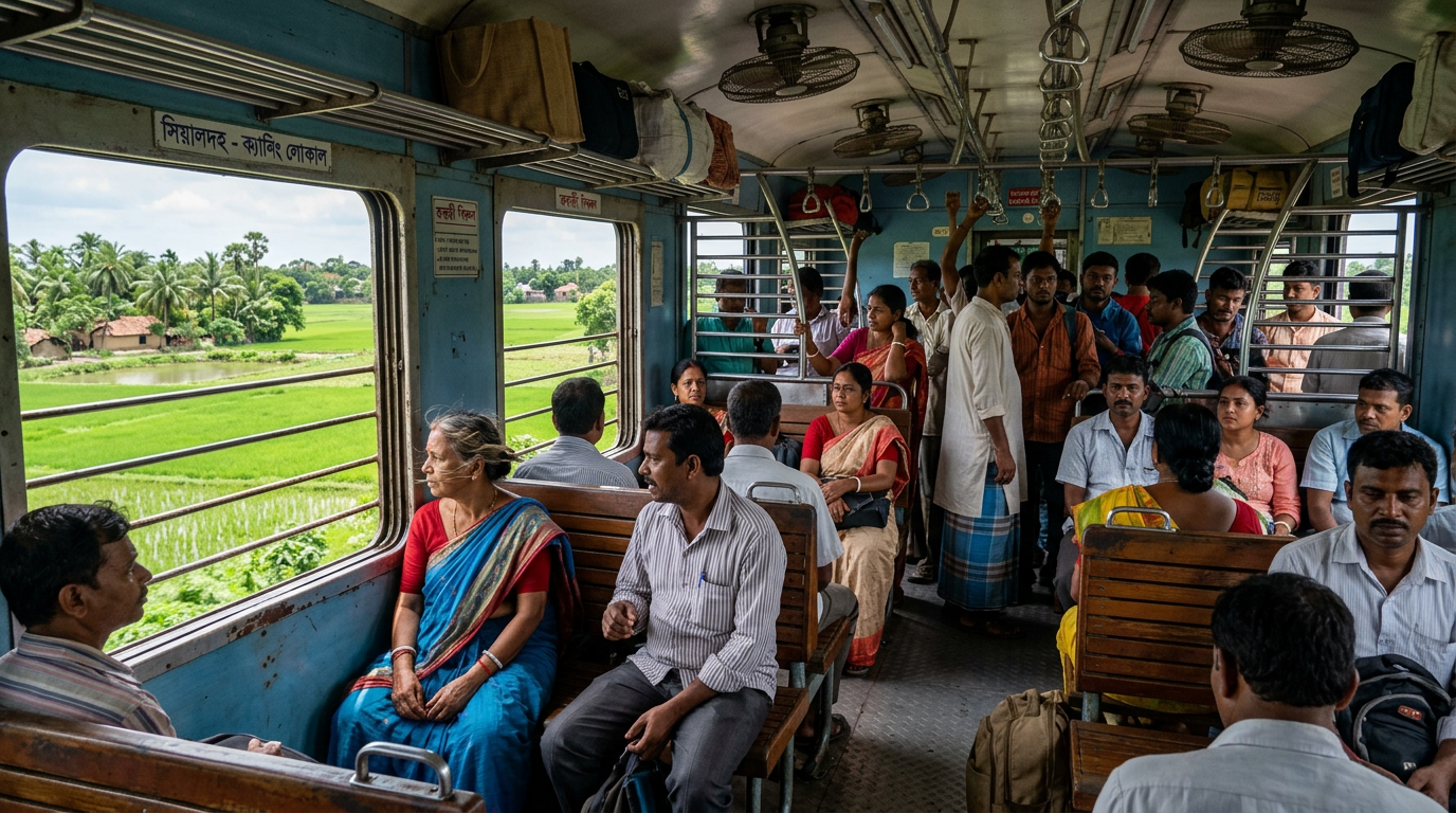 Sealdah to Canning Train — Inside Bengal Local Train Inside a Bengal local train with passengers and green countryside visible through windows