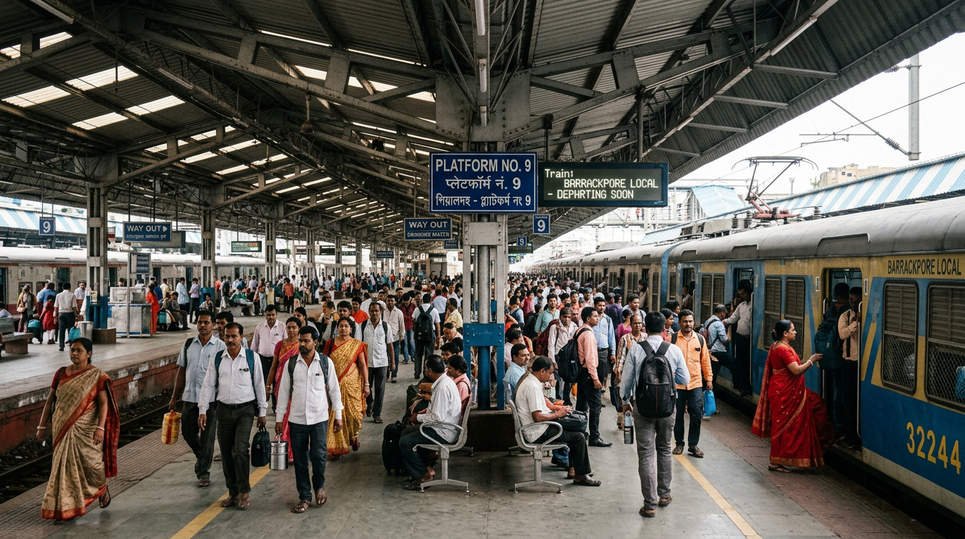 Sealdah to Canning train platform with suburban EMU local train and busy Kolkata commuters