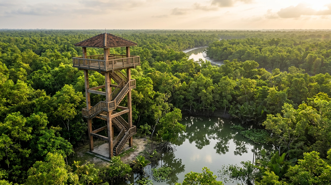 Sudhanyakhali Watch Tower overlooking freshwater pond in Sundarban Tiger Reserve forest