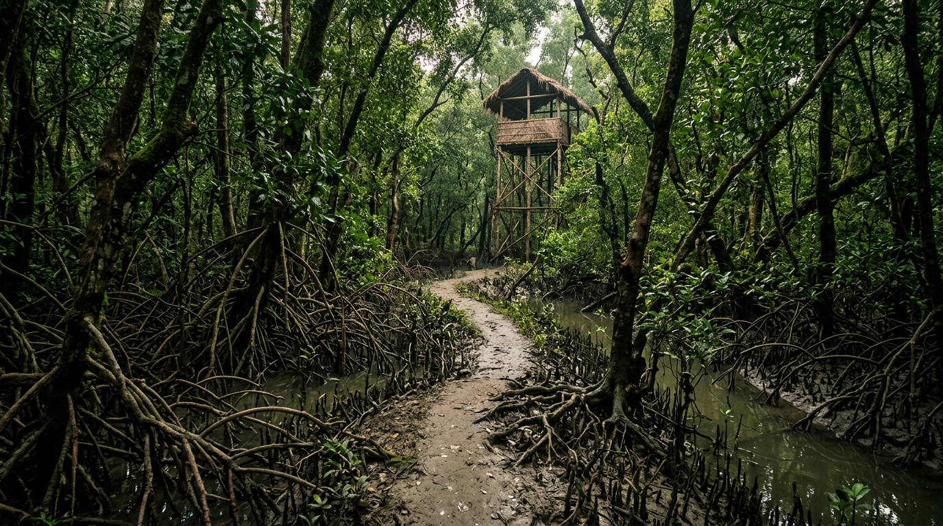 Sundarban 4 day 3 night tour deep forest trail with dense mangroves and watchtower