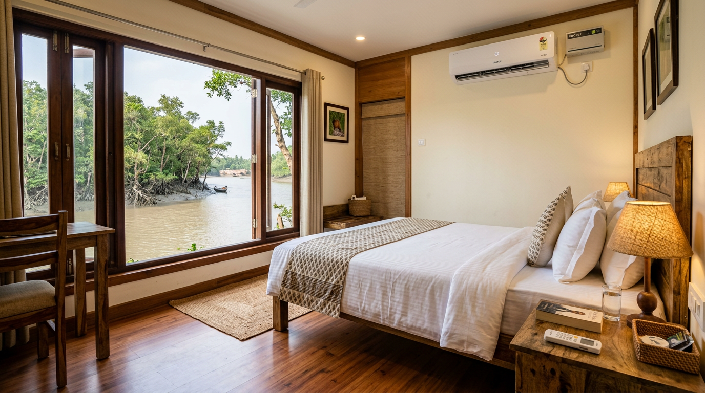 Sundarban tour AC accommodation clean room with river view
