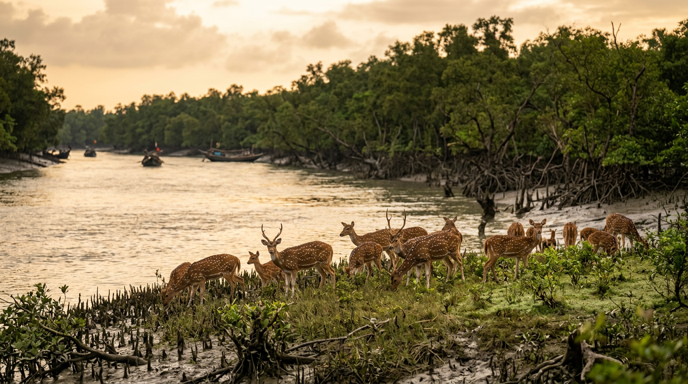 Spotted deer herd grazing on a Sundarban riverbank with mangrove trees and tidal creek in the background