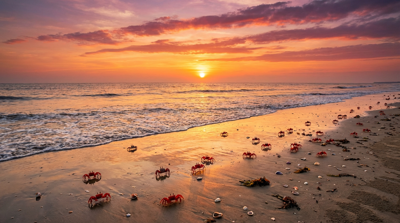 Bakkhali beach at sunset with red crabs on wet sand and sea waves rolling in — a scenic stop on the Sundarban Bakkhali combo tour