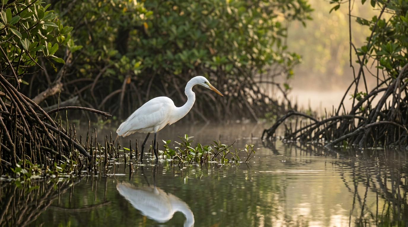 White heron standing in shallow Sundarban wetland with mangrove roots and morning mist