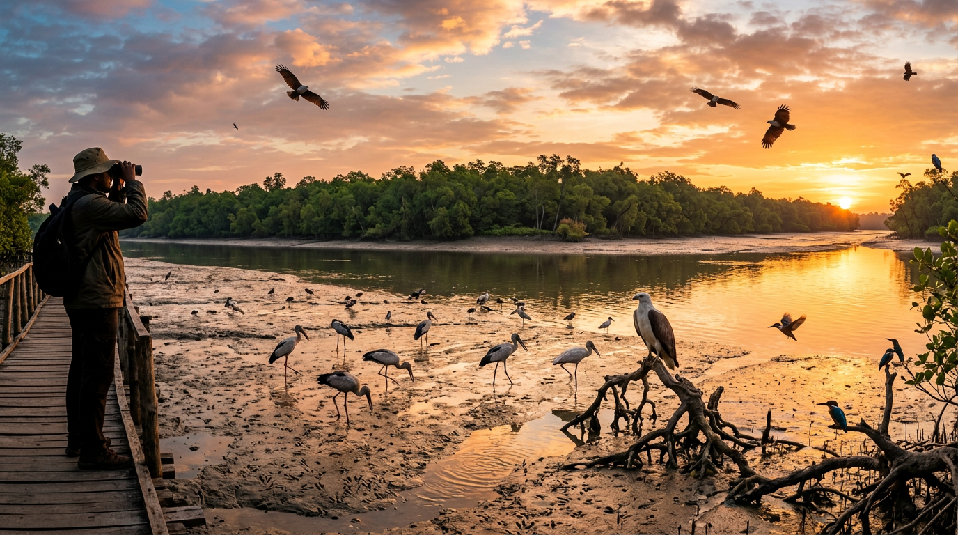 Sundarban bird watching best season — migratory birds on a mudflat at sunrise with birdwatcher silhouette