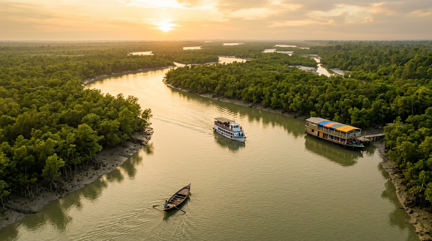 Different Sundarban boat types including country boat, mechanised launch, and houseboat on a river surrounded by mangrove forest