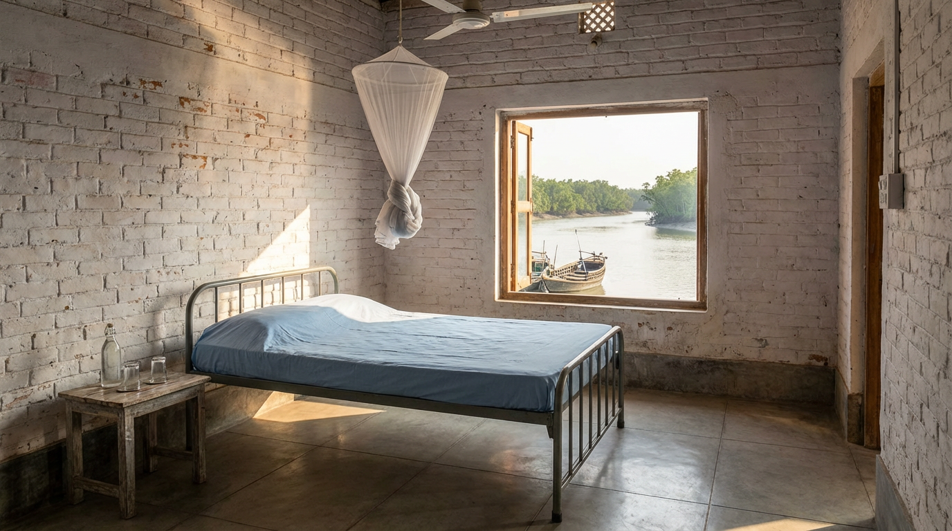 Clean budget guest house room in Sundarban with a neatly made bed, ceiling fan, mosquito net, and a window overlooking a river with mangrove trees — affordable Sundarban budget accommodation under Rs 1,500