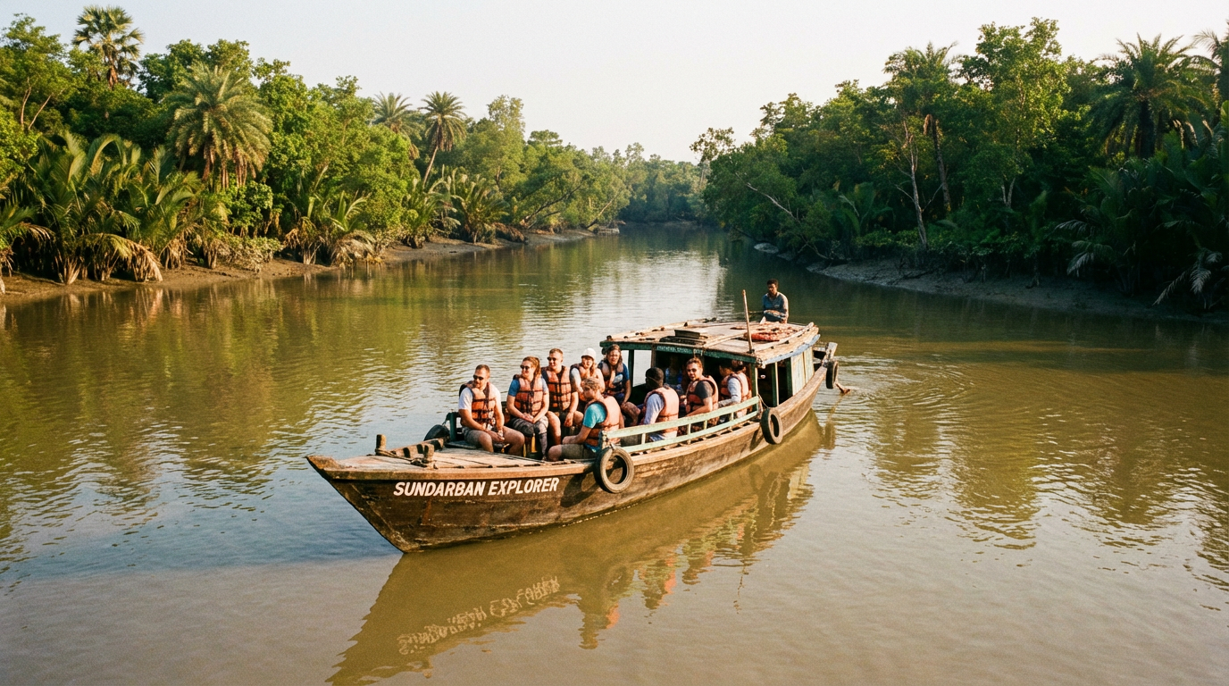 Shared tourist boat carrying budget travellers through a calm Sundarban river flanked by dense mangrove forests — affordable group travel on a Sundarban budget tour