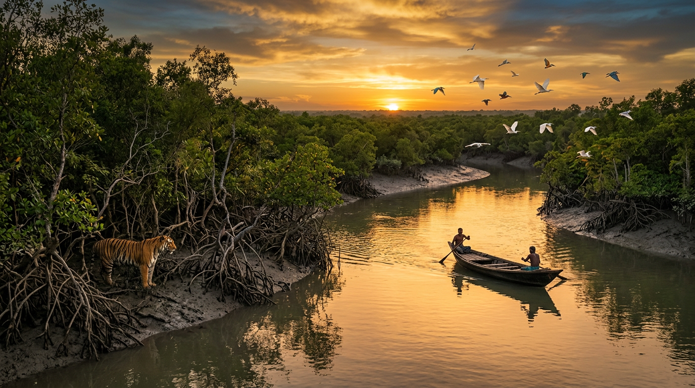 Sundarban complete travel guide 2026 — panoramic delta landscape with boat, mangroves, and Royal Bengal tiger at golden hour