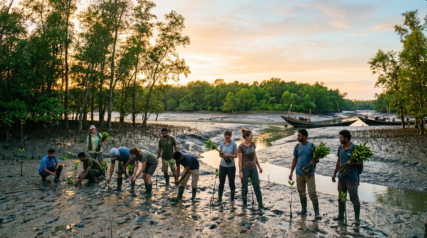 Sundarban conservation efforts — volunteers planting mangrove saplings on a Sundarban mudflat at golden hour