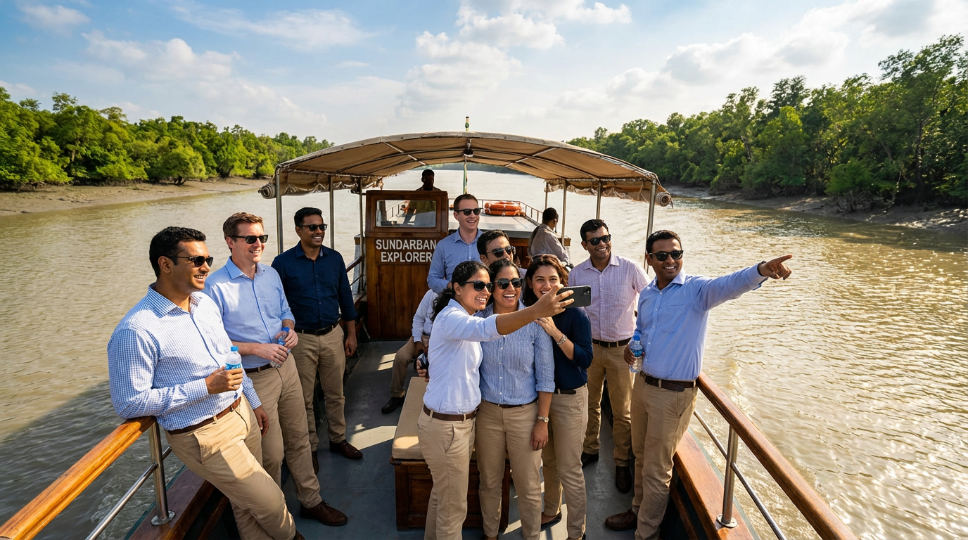A group of corporate colleagues enjoying a team outing on a boat cruising through the Sundarban mangrove rivers — ideal for a Sundarban corporate tour