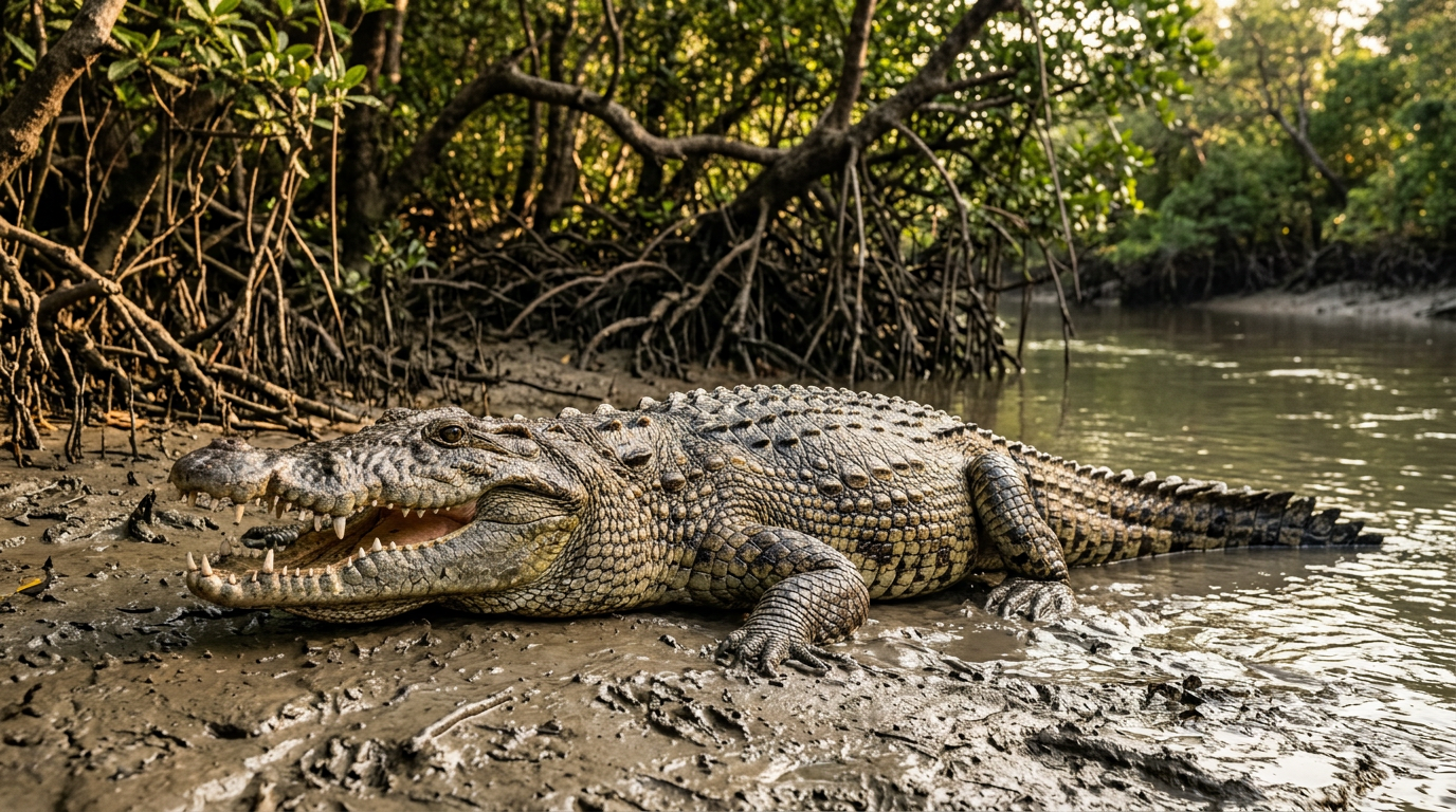 Saltwater crocodile basking on a muddy Sundarban riverbank with mangrove roots and tidal water