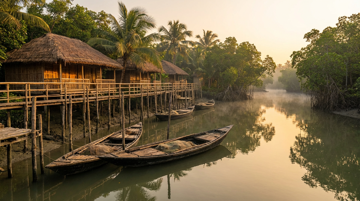 Eco resort on Dayapur island in Sundarban with thatched cottages and boats along the river