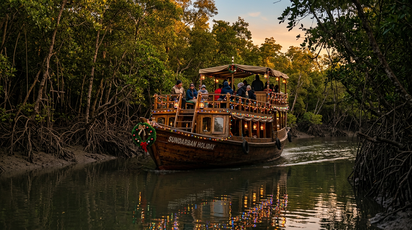 A festive-light-decorated safari boat cruising through Sundarban mangrove creeks during a December holiday tour at golden hour