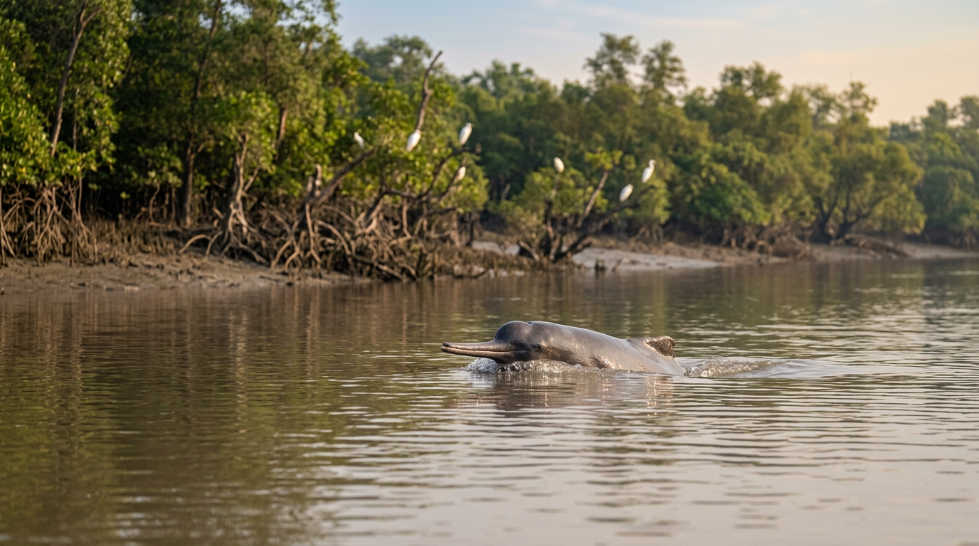 Gangetic dolphin surfacing in a Sundarban river with mangrove shoreline
