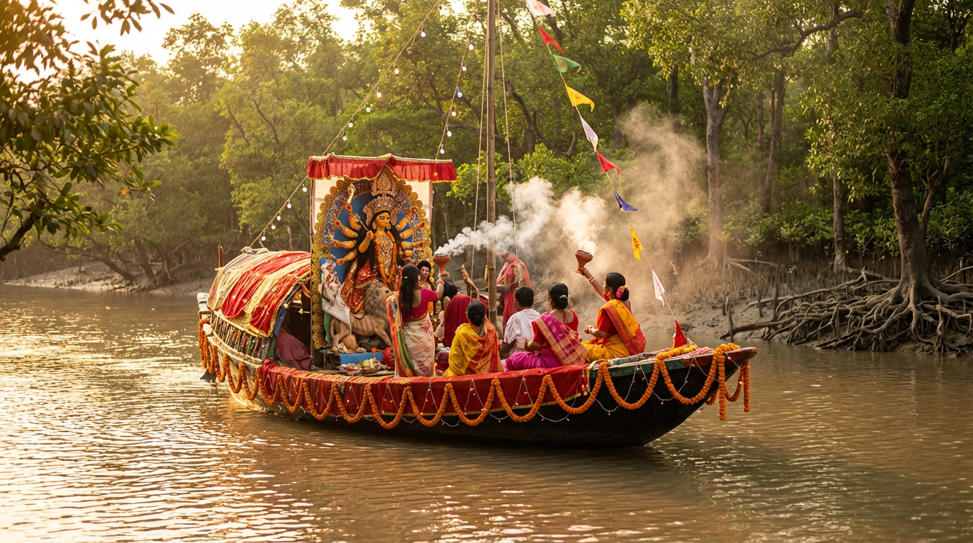 Sundarban Durga Puja package — festive boat decorated with Durga idol and marigold garlands on a mangrove river