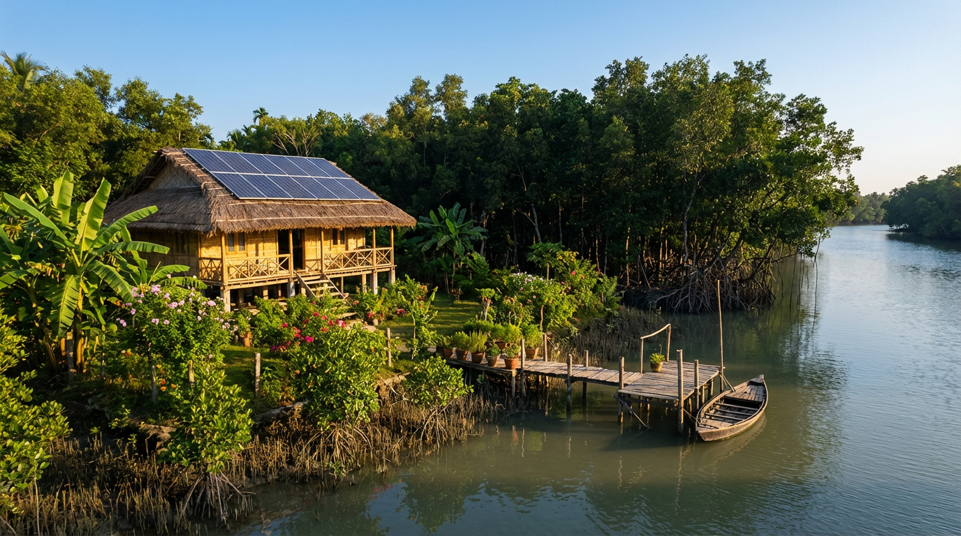 Eco-friendly riverside bamboo cottage with solar panels and organic garden in the Sundarban mangrove forest