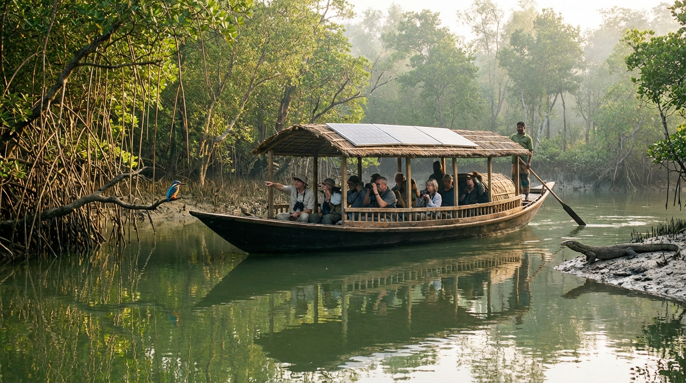 Eco-friendly Sundarban boat safari with solar panels — tourists quietly observing mangrove wildlife on a responsible tourism trip