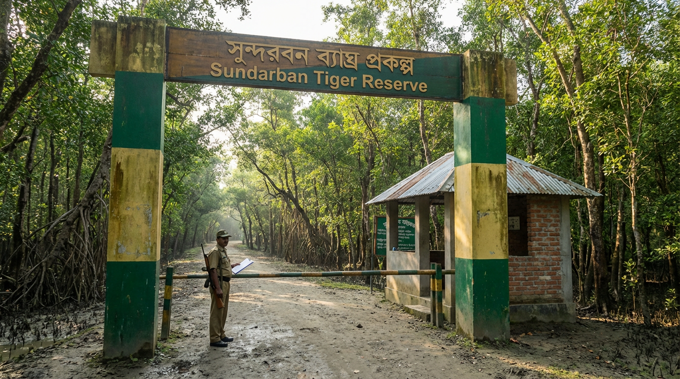 Sundarban Tiger Reserve entry gate with forest guard and check post