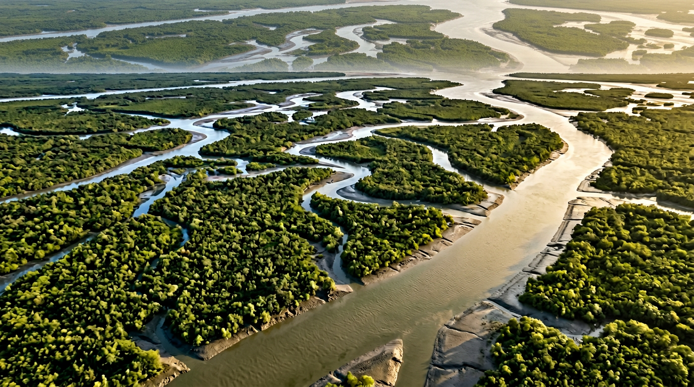 Sundarban facts — aerial view of the Sundarban delta showing mangrove islands and tidal rivers
